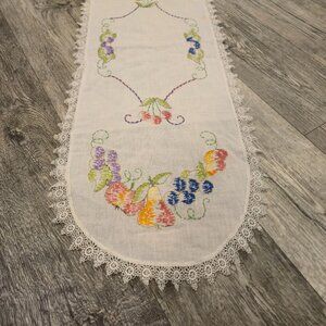 Vintage Hand Embroidered Table Runner with Lace Edge  Fruit Design Linen Doily